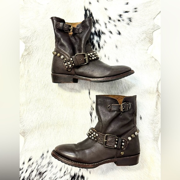 Ash Shoes - Ash Women’s Venice Studded Brown Moto Leather Boot Size 37  6 US